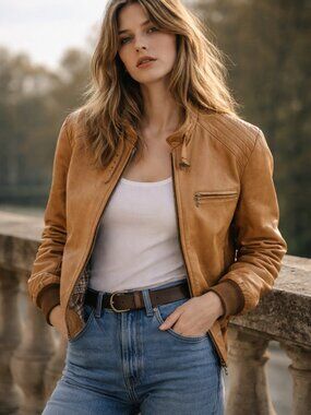 Vintage William Barry Leather Jacket Tan Bomber Plaid Lining Made USA